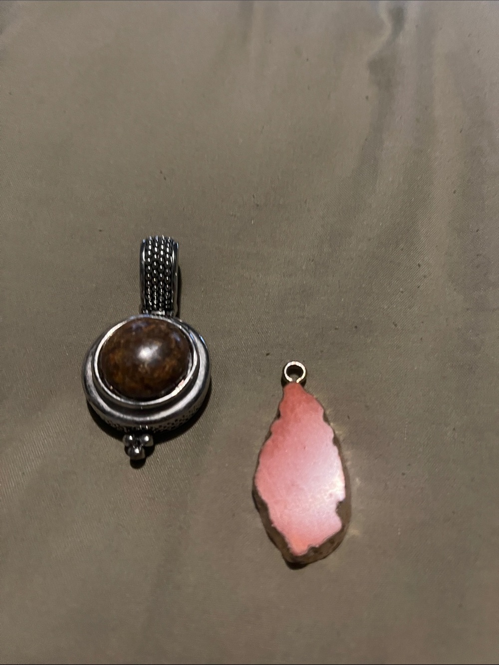 Silver Tone Brown Stone Pendant and Pink Druzy Charm Set